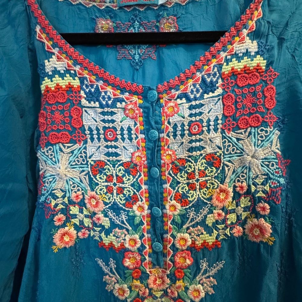 Johnny Was Embroidered Tunic Top Boho Teal Floral 3/4 Sleeve Size small - Picture 3 of 7